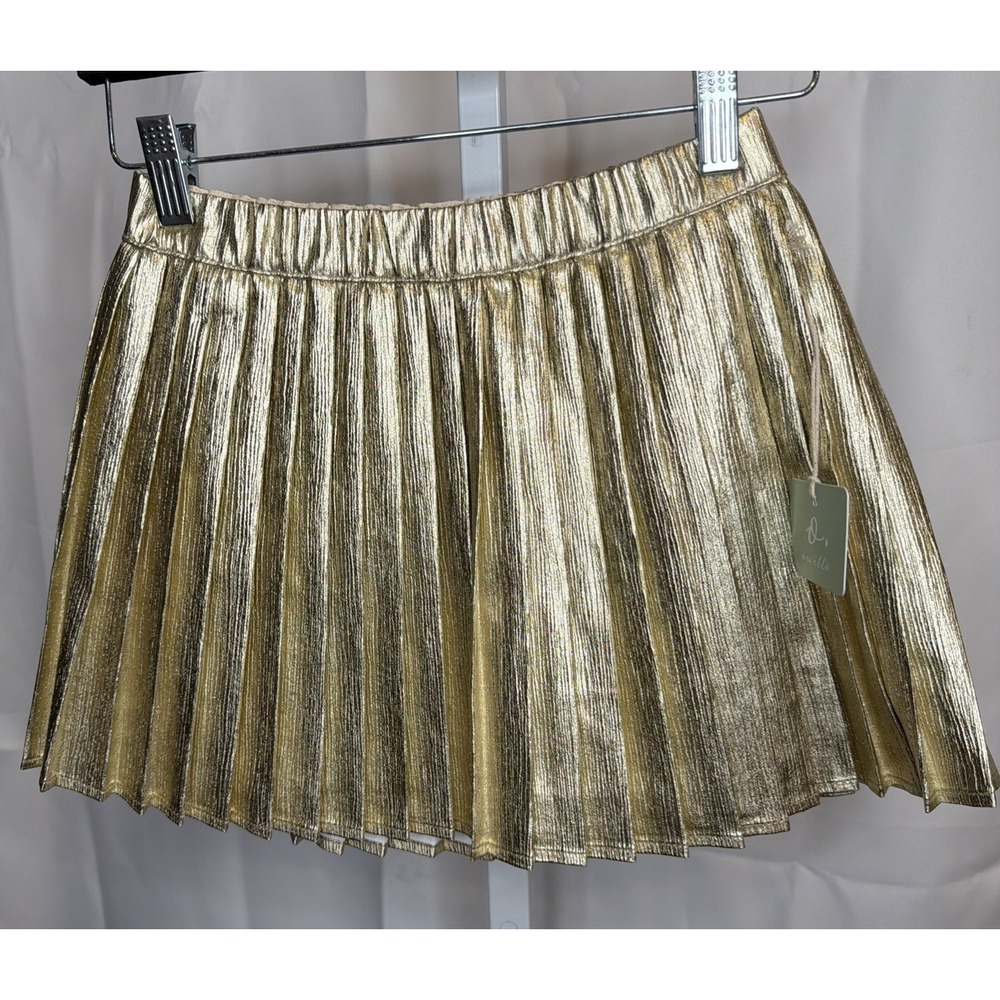 Owillo Kids Girls GOLD Metallic Pleated Skirt Elastic Waist Size S - Brand New